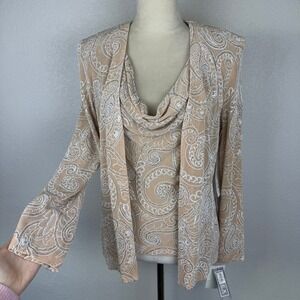 NWT VTG Alex Evenings Women Beige Paisley Sequin Print 2 Piece Set Tank/Blazer M